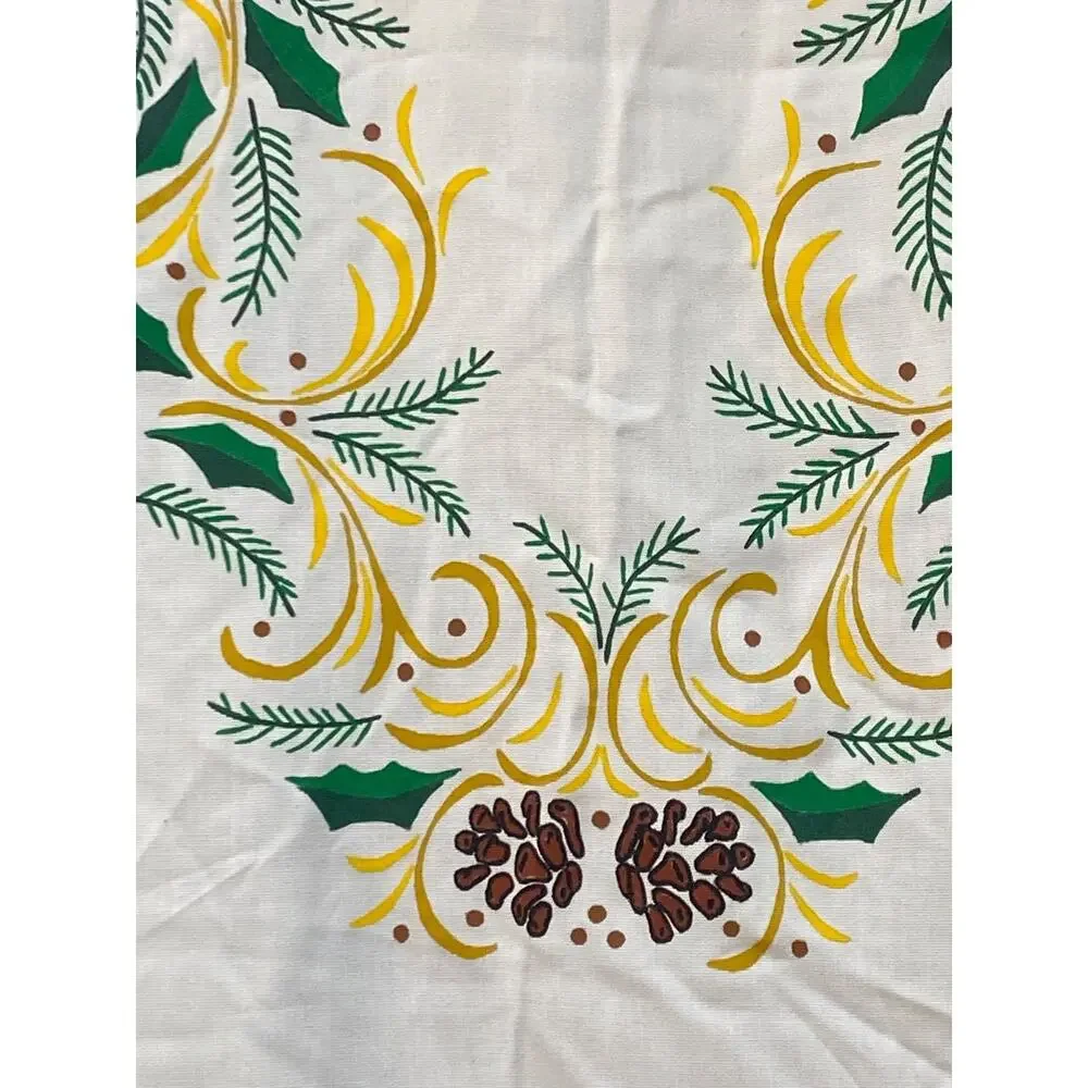 Vintage Christmas Tablecloth Oval Fringe MCM 76”x60 Candles Pinecones Holly